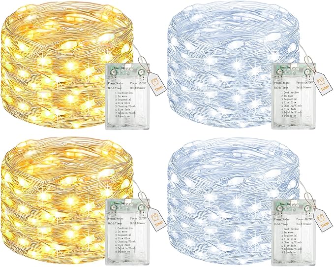btfarm 4 Pack Fairy Lights Battery Operated with Timer, 16.4 FT 50 LED Silver Wire Twinkle String Lights 8 Modes Dimmable Waterproof for Indoor Christmas Bedroom Wedding Decorations, Warm & Cool White