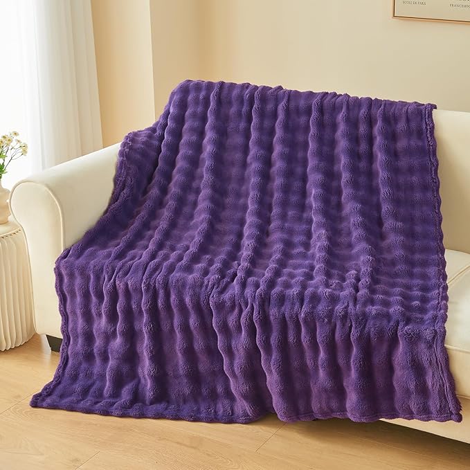 NEWCOSPLAY Queen Blanket for Couch Purple Super Soft Flannel Fleece 3D Bubble Lightweight Bed Blanket All Season Use (Purple, Queen(90"x90"))