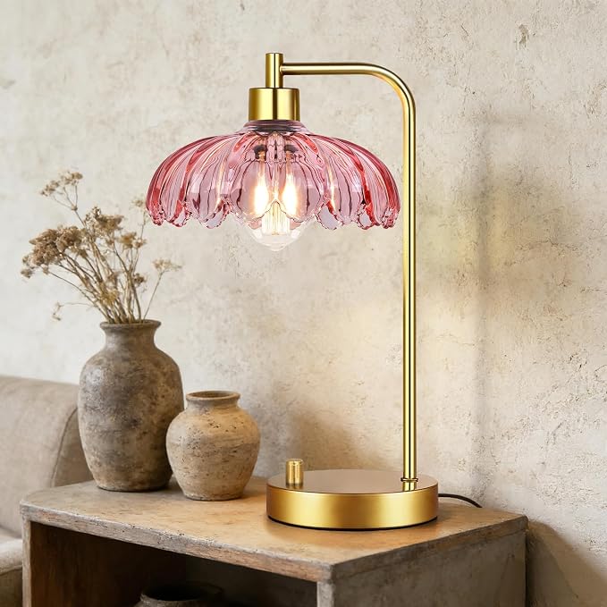 ILLMTW Pink Table Lamp Set of 2,Small Gold Bedside Lamps Dimmable Boho Bedroom Lamp with Tulip Flower Glass Lamp Shade,Vintage Mid Century Modern Mini Nightstand Lamp for Bedroom Living Room