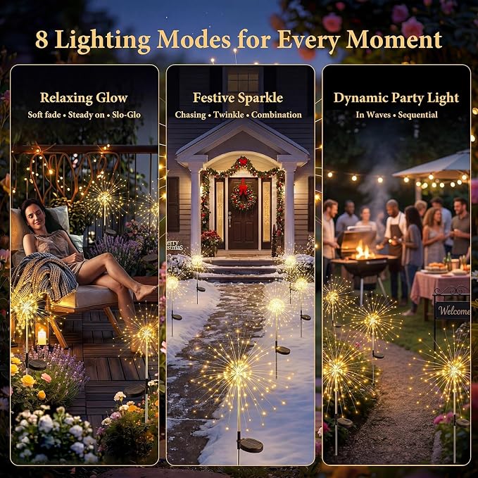 Solar Firework Lights, 6 Pack 120 LEDs 8 Lighting Modes Solar Fairy Garden Lights Outdoor Waterproof for Yard Patio Walkway Pathway Party Wedding Balcony Decorative- Warm White