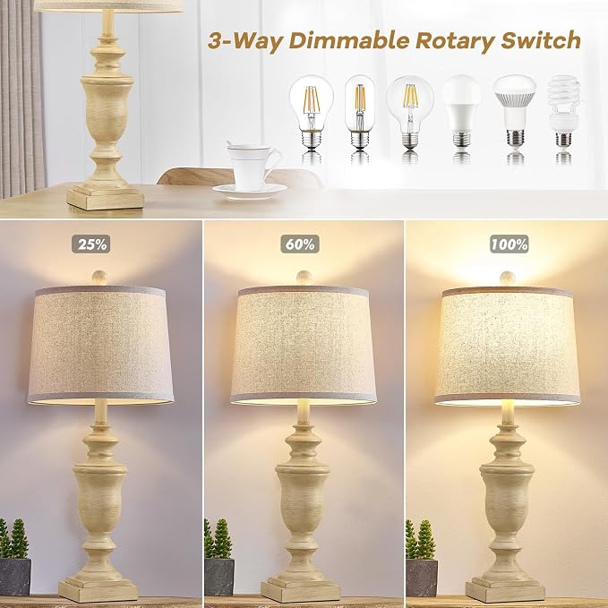 SAIWEYA 27.5" Vintage Farmhouse Table Lamps Set of 2 Bedside Lamp, 3 Way Dimmable Bedroom Lamps with 2 USB Ports +AC Outlet Nightstand Lamp Rustic Lamp