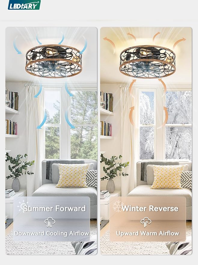 LEDIARY Caged Ceiling Fan with Light, Flush Mount Fandalier with Remote | Low Profile, Farmhouse Small, Bladeless Industrial, Quiet DC Motor, App Control for Bedroom, Kitchen, Dining Room, Walnut