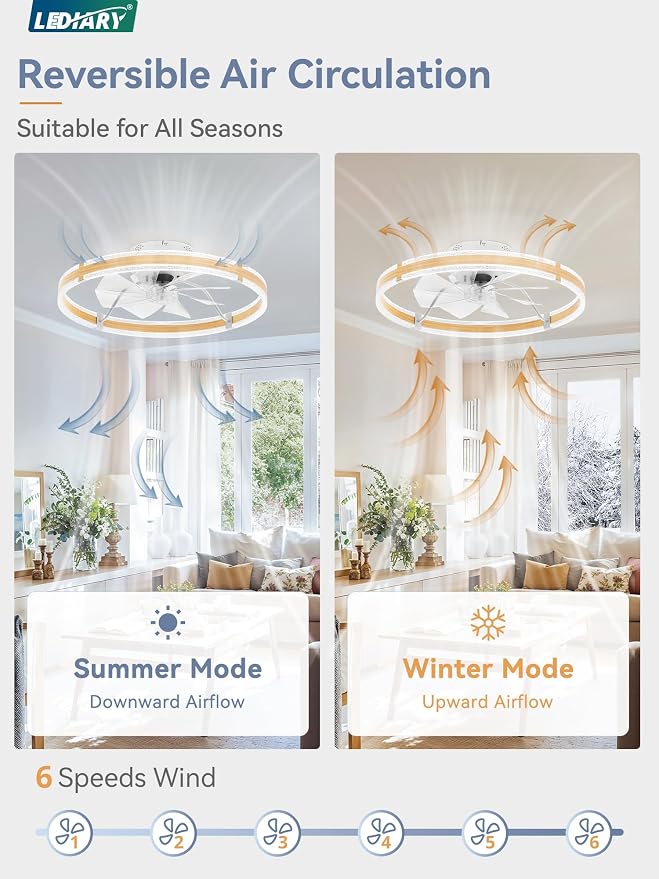 LEDIARY 24'' Low Profile Ceiling Fans with Lights and Remote, Wood Grain | 3000-6000K Dimmable LED, 6 Wind Speeds, Quiet Reversible DC Motor, Small Flush Mount Fandelier for Bedroom, Living Room