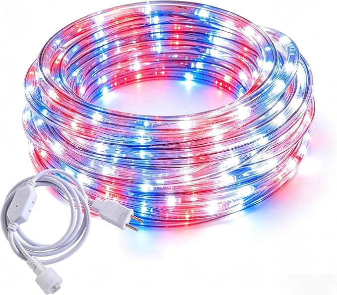 50ft Red/Blue/White Rope Lights,Connectable for Indoor & Outdoor,110V Flexible Tube Lights,Waterproof LED Rope Lighting for Outside,Deck,Patio,Pool, Camping,Bedroom Decor,Landscape Lighitng