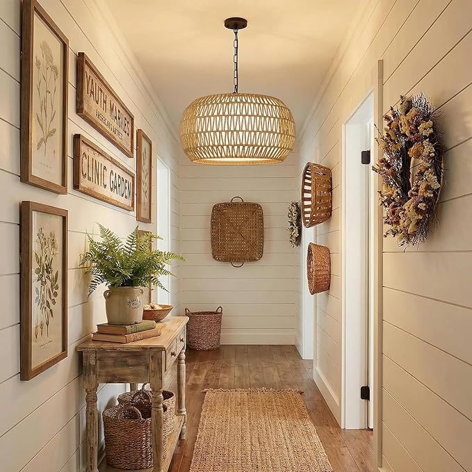 9"-52" Height Adjustable Farmhouse Chandelier Light Fixture, 5-Light Rattan Boho Chandeliers for Dining Room, Hand Woven Pendant Light with Linen Shade, Rustic Hanging Lighting for Kitchen Island