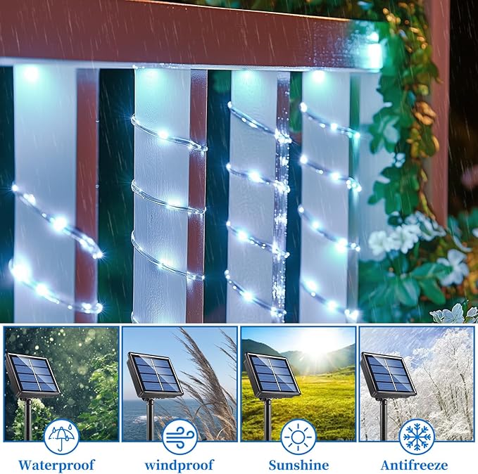 ANJAYLIA 33FT 100 LED Solar Rope Lights Outdoor Waterproof, Solar Powered Rope String Lights with 8 Modes for Outdoor, Patio, Garden, Camping, Holiday & Christmas Décor Cool White