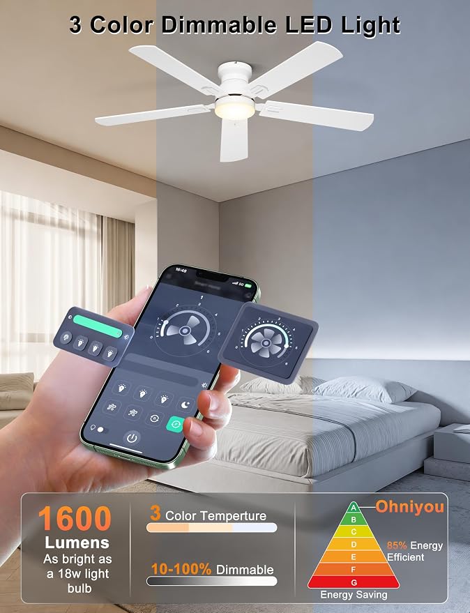 Ohniyou 52'' Low Profile Ceiling Fan with Lights, Remote/APP Control, White | Flush Mount, Dimmable 3CCT LED, Quiet Reversible DC Motor; Memory Function, 5475 CFM, for Bedroom Living Room Kitchen