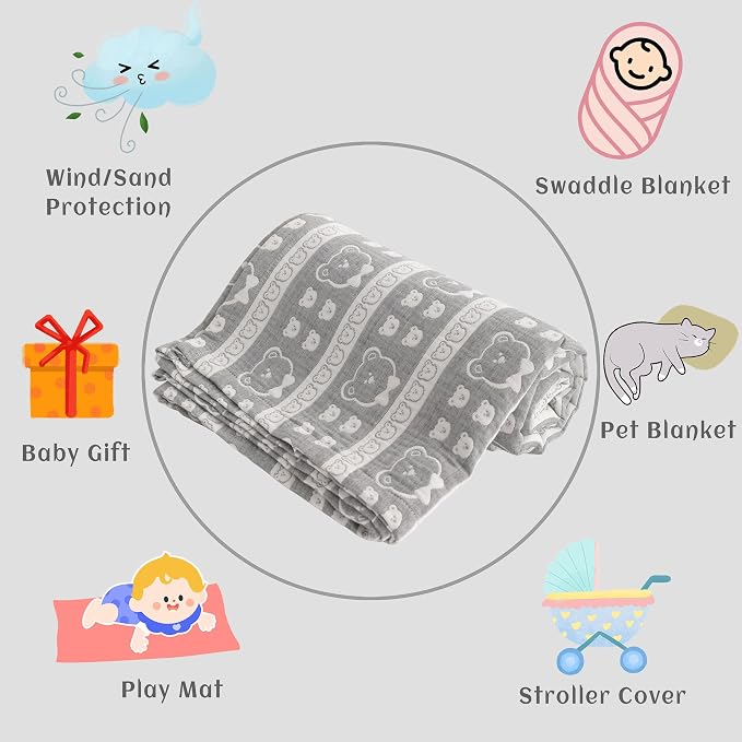 NTBAY 3 Layer Oversized Muslin Toddler Blanket, 45 x 60, Dark Grey Bear | Muslin Cotton Outer Layers with Light Thermal Fiber Fill, Reversible Blanket for Daycare, Travel, Naps, and Supervised Use