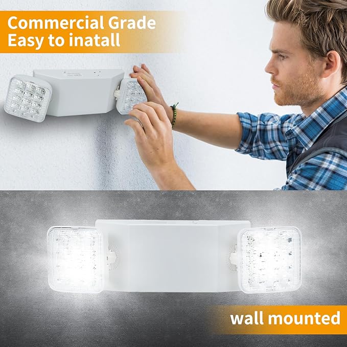 LED Emergency Lights with Battery Backup, Two Head Adjustable Commercial Emergency Lights Fixture, Emergency Light for Home Power Failure,Wall Mount, Hard Wired, 120-277V, Fire Resistant 4 Pack