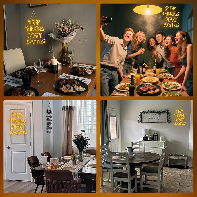 Stop Thinking Start Eating Neon Sign - Fun LED Wall Decor for Restaurants, Kitchens & Food Lovers, USB-Powered with Adjustable Brightness, Humorous Dining Lighting