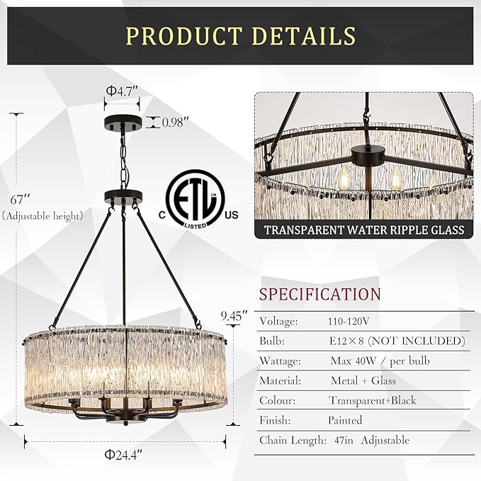 Modern Drum Chandelier 24.4" Black Crystal Glass Chandeliers 8-Light Luxury Ceiling Pendant Lighting Fixture for Dining Room Foyer Living Room Bedroom