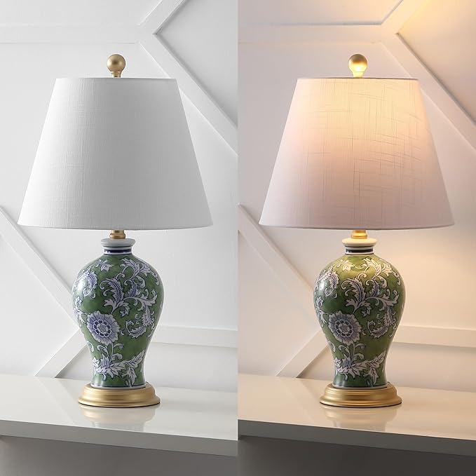 JONATHAN Y Grace 24" French Country Floral Urn Ceramic Lamp, Green/White | Chinoiserie Ginger Jar, French Country Cottage Style, Linen Shade, Gold Metal Base, LED Bulb Included