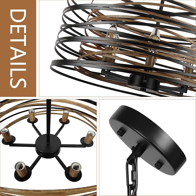 ACNKTZ 23.6'' Rustic Large Drum Chandeliers for Dining Room, 6-Light Modern Farmhouse Lighting for Kitchen Island, Retro Round Entryway Light Fixture, Black with Retro Wood Texture Interior