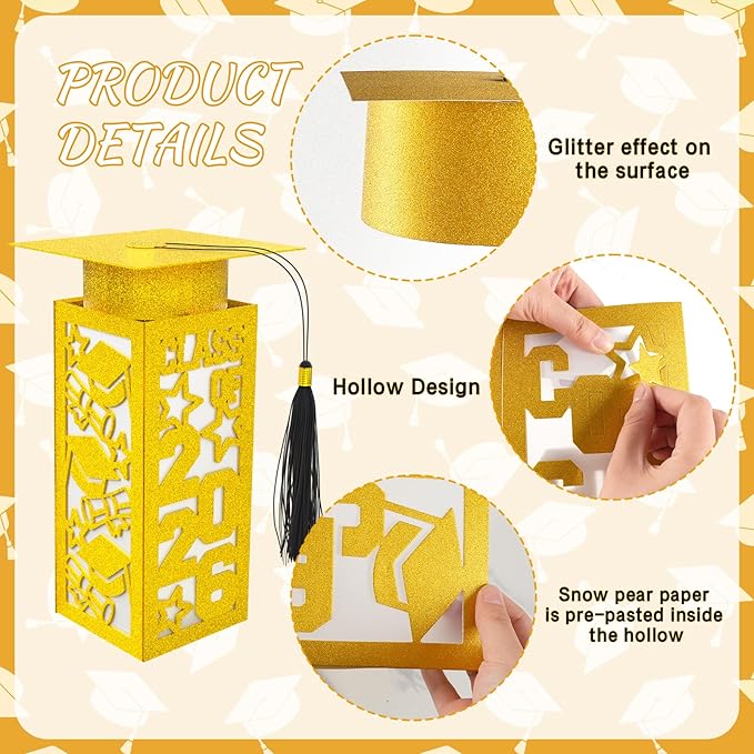 12 Pcs Graduation Table Centerpieces Boxes Class of 2026, Golden Graduation Paper Lanterns Boxes with String Lights Hollow Out for Congrats Grad School College Table Decorations Grad Party Photo Props