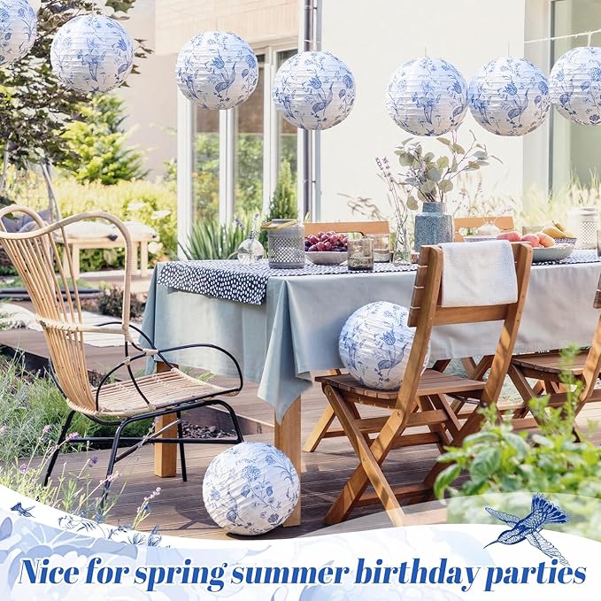 Honoson 12 Pcs Floral Paper Lanterns Blue Tea Party Decorations Flower Wildflower Spring Birthday Party Decoration 10 Inch Hanging Round Paper Lanterns for Wedding Bridal Shower Baby Shower Decor