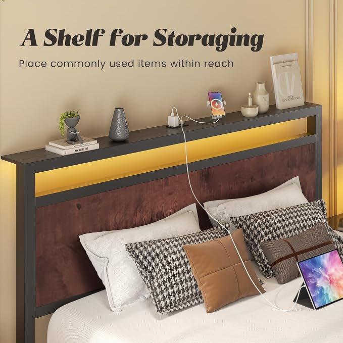 Fluest Queen Bed Frame with Headboard & Footboard, Bed Frame with Built-in Charging Station & LED Light, Storage Shelf, Noise-Free, No Box Spring Needed, Easy Assembly, Coffee Brown