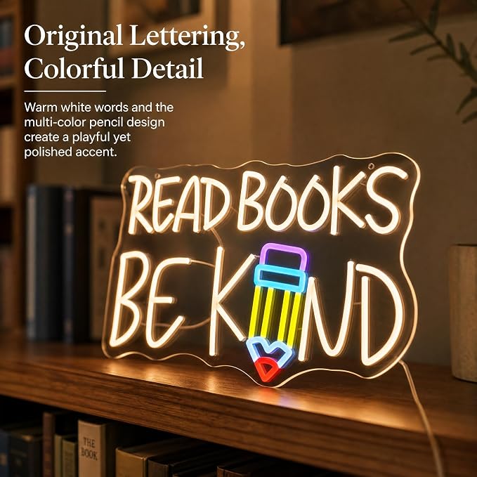 "Read Books Be Kind" Classroom LED Neon Sign | 16.5" x 10.4", Pencil Wall Decor, Inspirational Quote Light, Library Classroom Study Room Home Office