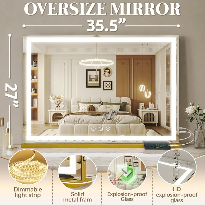 FENNIO Large Vanity Mirror with Lights，35.5" x 27" LED Makeup Mirror，Hollywood Mirror with 3 Color Modes & Adjustable Brightness，Vanity Mirror Square Gold