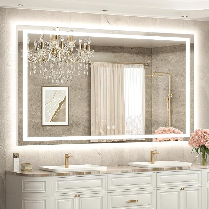 60 x 40 LED Lighted Bathroom Mirror with Lights, Brighter Frontlit and Backlit Led Mirror for Bathroom Wall, Light up Vanity Anti Fog Mirror, 3-Color Dimmable, Waterproof, Tempered Glass