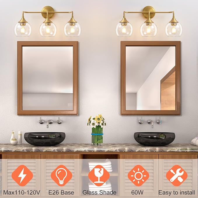 Gold Bathroom Light Fixtures 3-Light Farmhouse Vanity Light 22" | Modern Vanity Lighting Fixtures Over Mirror, Thickened Clear Glass Shade, UL E26 Dimmable