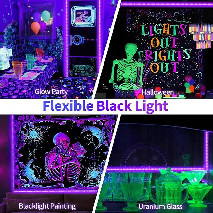 33 Foot Black Light Strip & Remote, 600 LEDs, Dimmable 12V Flexible Black Lights for Glow Party, Bedroom, Hallween, Fluorescent Tapestry Poster, 3 Light Modes, Non-Waterproof