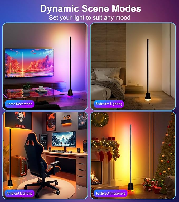 Ericlin 1PCS Smart RGB LED Corner Floor Lamp with App and Remote Control | 16 Million Colors & 68+ Scene, Music Sync, Timer Setting, Ideal Standing Lamp for Living Rooms, Bedrooms, Gaming Rooms