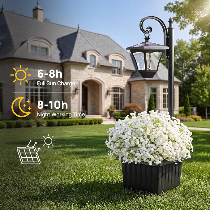Solar Lamp Post Light with Planter, 2 in 1 Decorative Outdoor Solar Light | Dusk to Dawn, Cool White LED Light, IP44 Waterproof, 4 Solar Panels, Energy Saving, No Wiring Required, Porch, Patio, Garden.