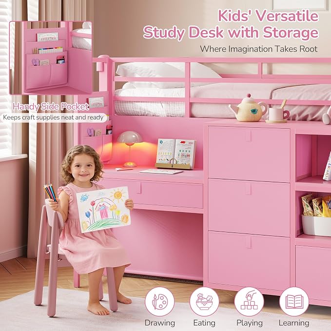 Low Loft Bed Twin Size with Desk, 6 Storage Drawers & Bookshelf, Kids Loft Bed with LED Lights & Under-Bed Play Space, Heavy Duty Metal Bed Frame with 13.8"H Safety Guardrail & Ladder, Pink