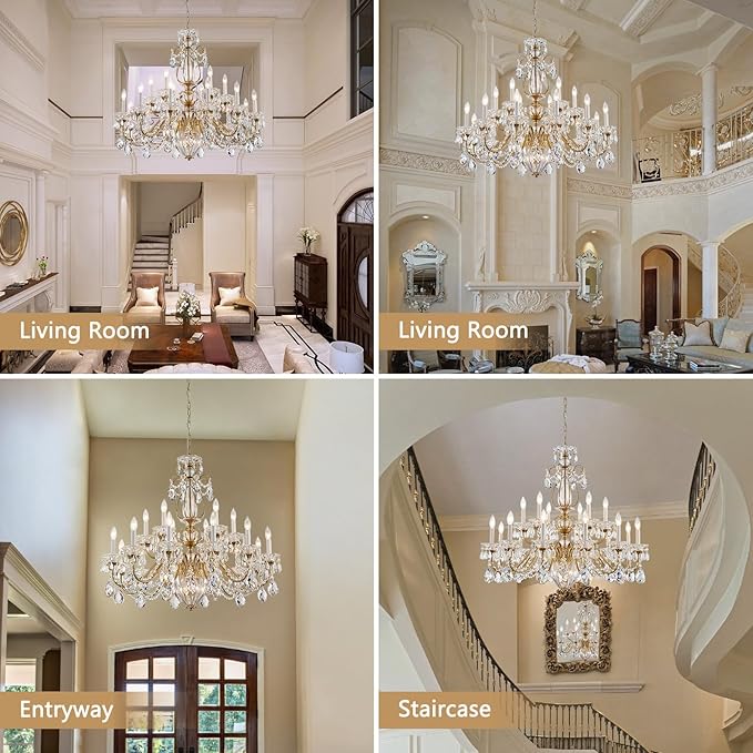 Vintage Crystal Chandelier 18-Lights Large Crystal Chandeliers for High Ceilings Brass Maria Theresa Chandelier Light Fixture for Living Room Hallway Hotel Banquet Hall Lobby Entrance Foyer Dia 37"