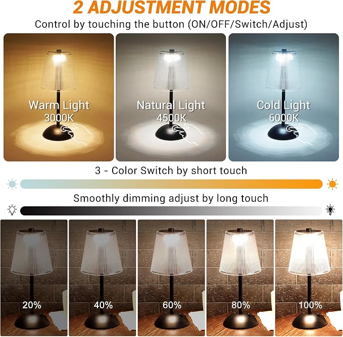 Cordless Table Lamp, 4000mAh Rechargeable Battery Operated Lamp, 3 Color Modes & Stepless Dimmable LED Touch Lamp, Portable Retro Metal Beside Lamps for Home Desk Bedroom Restaurant(Black) | 4000mAh Battery Operated, 3 Color Modes, Dimmable LED Touch B...