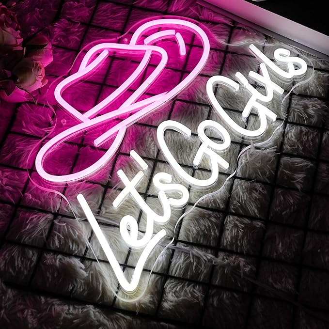 Let's Go Girls Neon Sign Pink White Cowboy Hat Neon Signs Letter Led Light up Cowboy Hat Neon Sign for Wall Decor Dimmable USB Powered for Cowboy Bar Bedroom, Livingroom Christmas Birthday