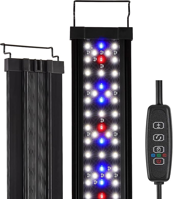 LED Aquarium Light for 12–18 Inch Fish Tanks – Timer with Auto On/Off, 10-Level Brightness, White/Blue/Red+White Modes, Extendable Brackets & Hanging Design (Rope Not Included) (12-18inch)