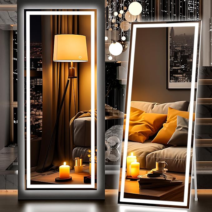 Hasipu Full Length Mirror with Lights, 67" x 24" LED Lighted Floor Standing, Full Body Dressing Hanging Mounted Mirror, Tempered Glass, Square White