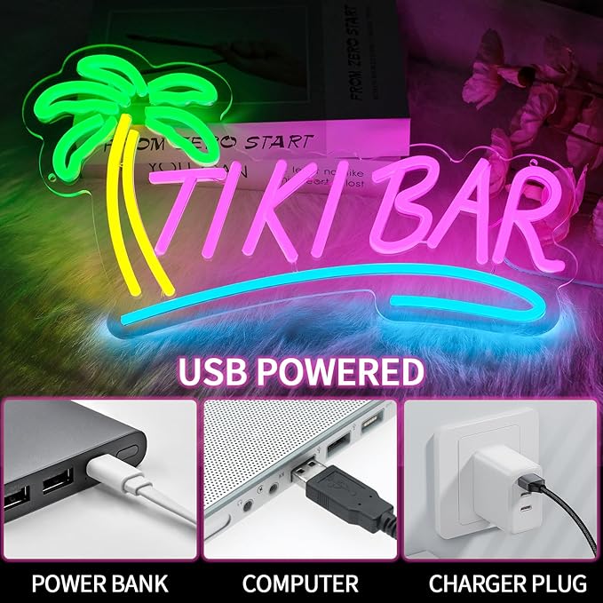 Tiki Bar Neon Sign for Wall Decor Dimmable Hawaiian Tiki Led Lights Signs Open Signs for Business Neon Light for Man Cave Club Pub Bistro Summer Party Restaurant Home Bar Gift