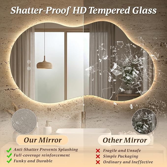 Irregular LED Mirror with Lights 40x24 Inch Backlit Asymmetrical Bathroom Mirrors for Wall Cloud Lighted Vanity Mirrors Shatterproof, Anti-Fog, Dimmable, 3 Colors (Horizontal/Vertical)