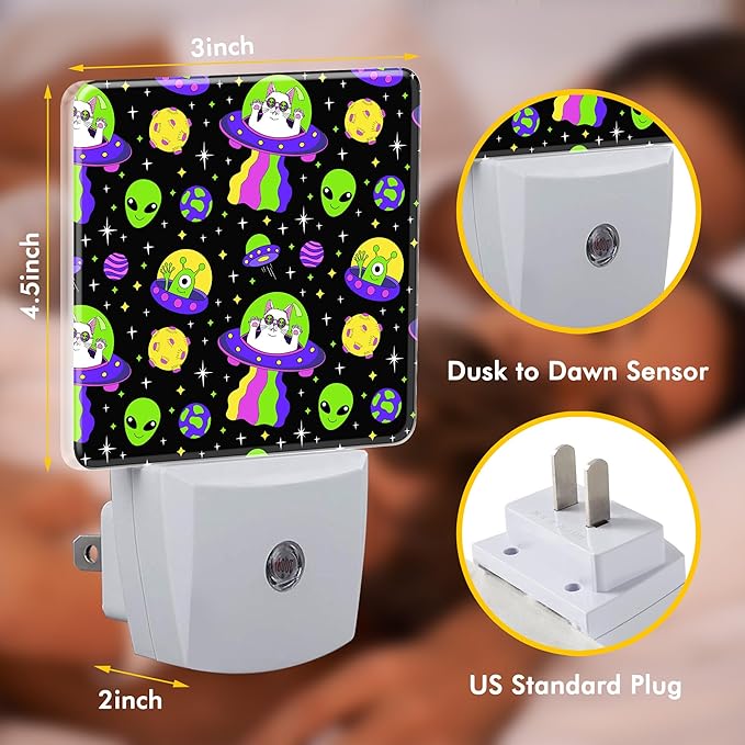 Alien and Cat Night Light,Plug into Wall with Dusk to Dawn Light Sensors,LED Nightlights for Bedroom,Bathroom,Kitchen,Hallway,Room Decor for Boys Girls Women Men