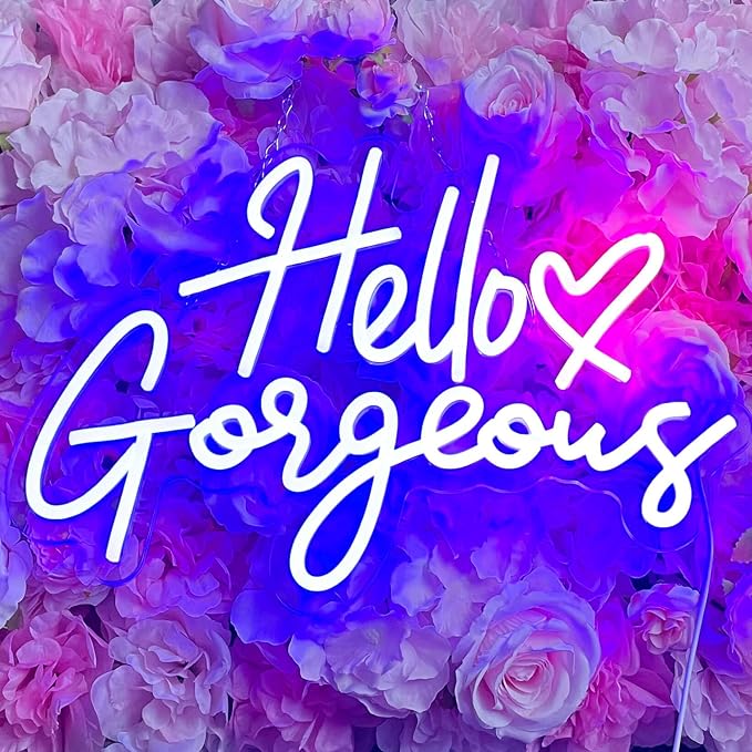 Hello Gorgeous Neon Signs for Wall Decor with Heart, Blue Hello Gorgeous LED Sign Lights for Bedroom Dorm Salon Wedding Party, Cute Makeup Dressing Beauty Room Decor, Preppy Girls Woman Cave