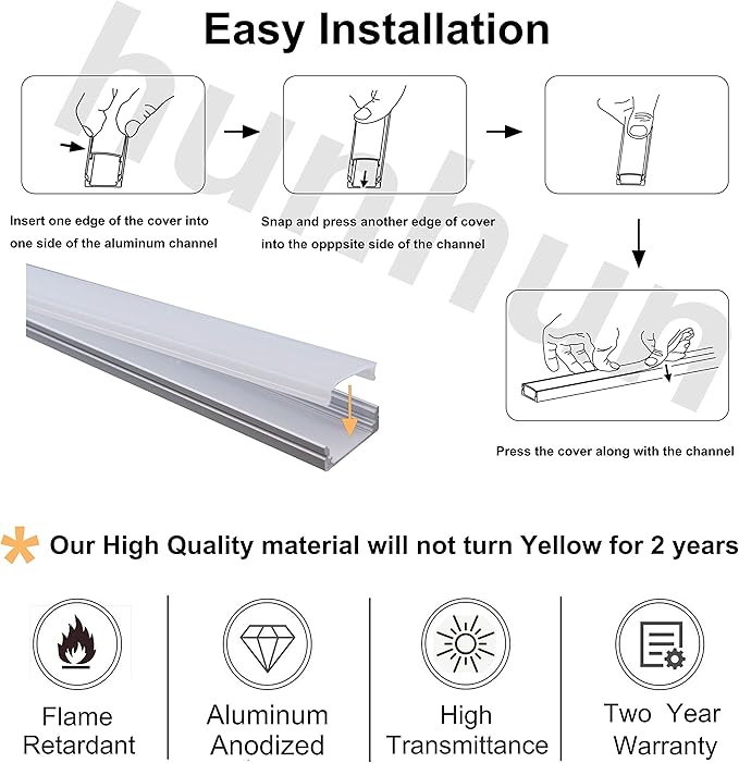 hunhun 10-Pack 3.3ft/1Meter U Shape LED Aluminum Channel System with Milky Cover, End Caps and Mounting Clips, Aluminum Profile for LED Strip Light Installations, Very Easy Installation