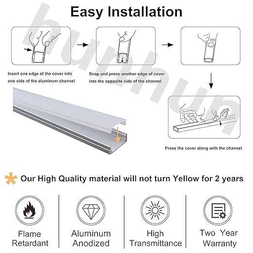 hunhun 10-Pack 6.6ft/ 2Meter U Shape LED Aluminum Channel System with Milky Cover, End Caps and Mounting Clips, Aluminum Profile for LED Strip Light Installations, Very Easy Installation