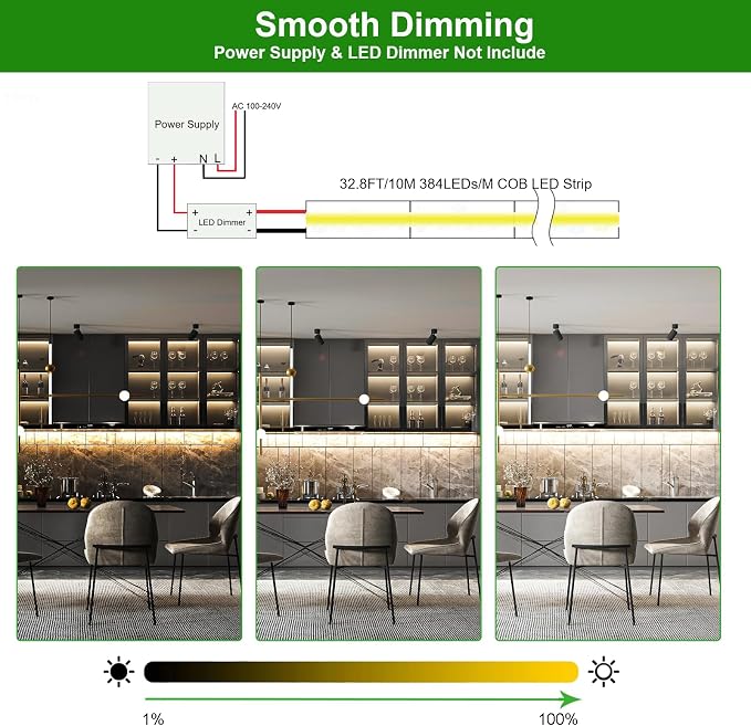 JOYLIT COB LED Strip 24V 32.8FT 4000K Dimmable for Cabinets, Closets | CRI 90+, 120° Narrow Beam, 384 LEDs/m Natural White, Dot-less No Dark Spot, Cuttable , Easy Peel & Stick ( Strip Only )