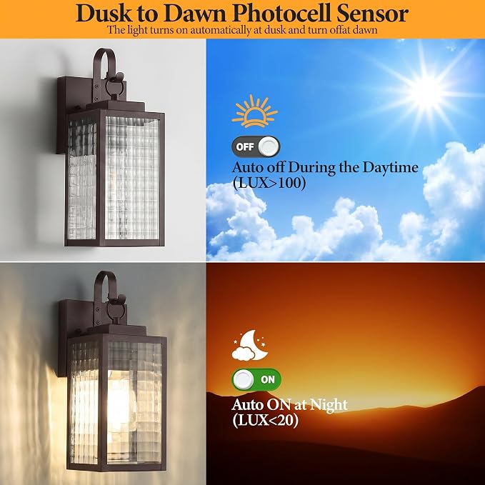 2-Pack 11.8" Oil-Rubbed Bronze Dusk to Dawn Outdoor Wall Light | Bronze Finish Ages Beautifully, Checkered Glass, Soft Glow, Auto Dusk to Dawn, Pre-Assembled DIY Install