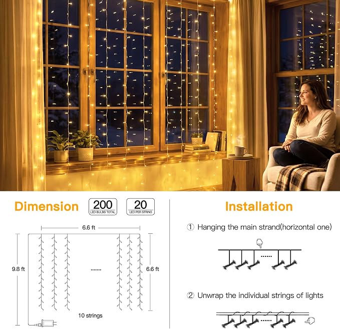 Ollny Curtain Lights 6.6x6.6ft, Plug in String Lights for Indoor Bedroom, 200 LED Connectable Fairy Light with Remote Timer 8 Modes, Waterproof Christmas Light for Outdoor Wedding, Warm White