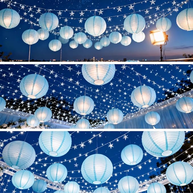 Light Blue Chinese Paper Lanterns with LED Lights, 10-Pack 12in | Hanging Lights for Gender Reveal, Beach Party, Birthday Decorations, Ceiling Decor & Home Party