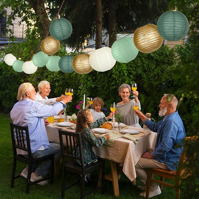 Paper Lanterns Party Decorations 15pcs - Sage Green Dark Green Gold White Round Hanging Decor for Rustic Wedding Graduation Bridal Shower Birthday Baby, Large Assorted Sizes 4-12 Inch