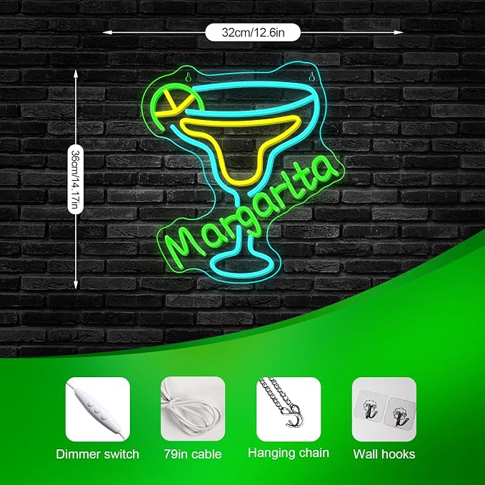 Margarita Neon Sign Tropical Light LED Wall Decor for Bars, Kitchen & Party Spaces Festive Cocktail Glass Design