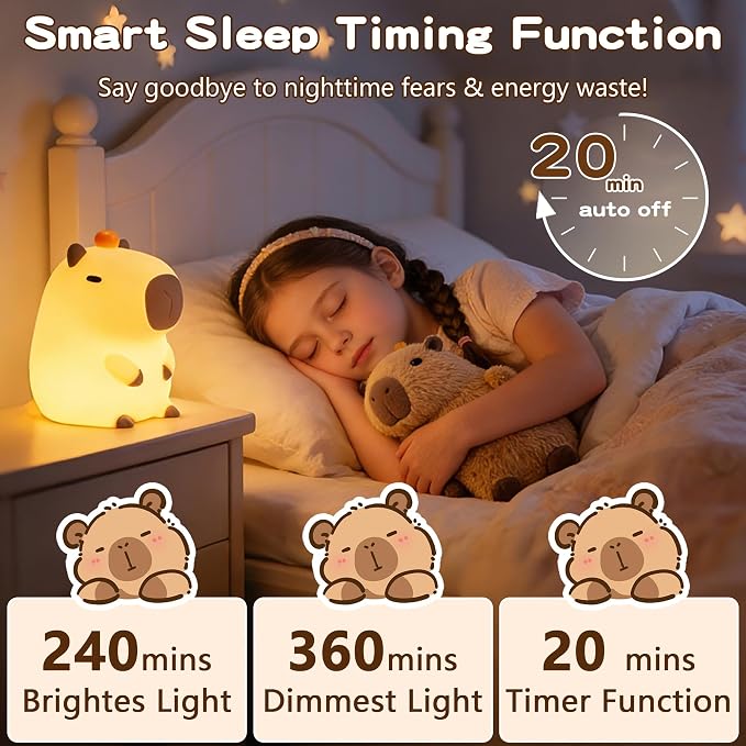 FAMIDUO Capybara Silicone Night Light, Dimmable Squishy Lamp, 20-Min Timer | BPA-Free Soft Silicone, Nursery & Kids Room Decor,Touch Bedside Light College Dorm, Cute Capibara Gift for Girls Boys Baby