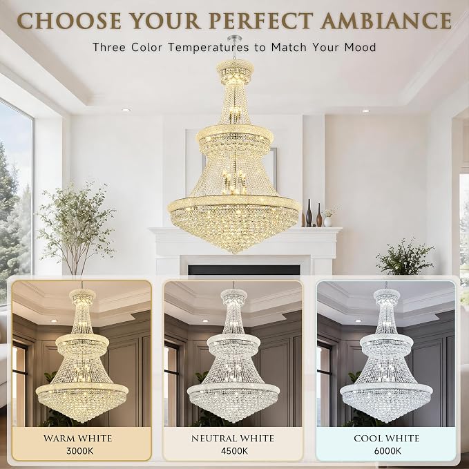 36-Lights High Ceiling Chandelier, 42'' W Modern Chrome Crystal Chandeliers Large Foyer Chandelier Fixtures for Staircase, Living Room, Hallway Entryway, Silver
