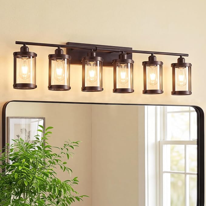 6-Light Oil Rubbed Bronze Bathroom Light Fixtures, 42 Inch Modern Bathroom Vanity Lighting Fixtures Over Mirror with Clear Glass and Metal Cage Wall Sconce Lights for Bath, OS-3014ORB-6W