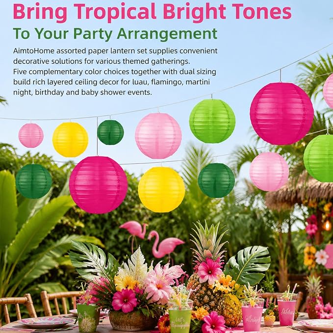 12 Pcs Paper Lanterns Party Decorations, 8 and 10 in Hanging Round Lantern Lamps for Luau, Flamingo, Summer Hawaiian Birthday, Party Decor (Dark Green, Hot Pink, Grass Green, Pink, Yellow)