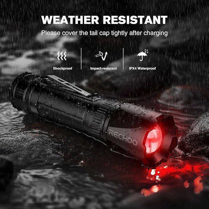 RECHOO Red Light Flashlight, High-Powered 3 Modes Red LED Rechargeable Flashlights with Clip & Lanyard, Zoomable and Portable Red Flashlights for Hunting, Astronomy, Aviation, Night Observation